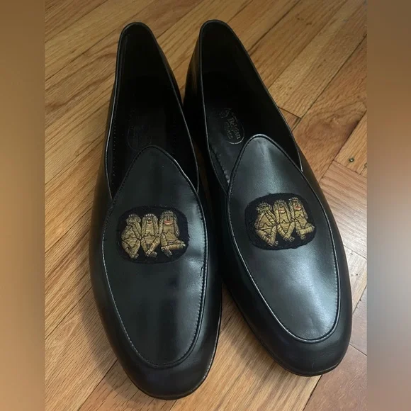 Black Leather Loafers with Gold Embroidery - Picture 2 of 10